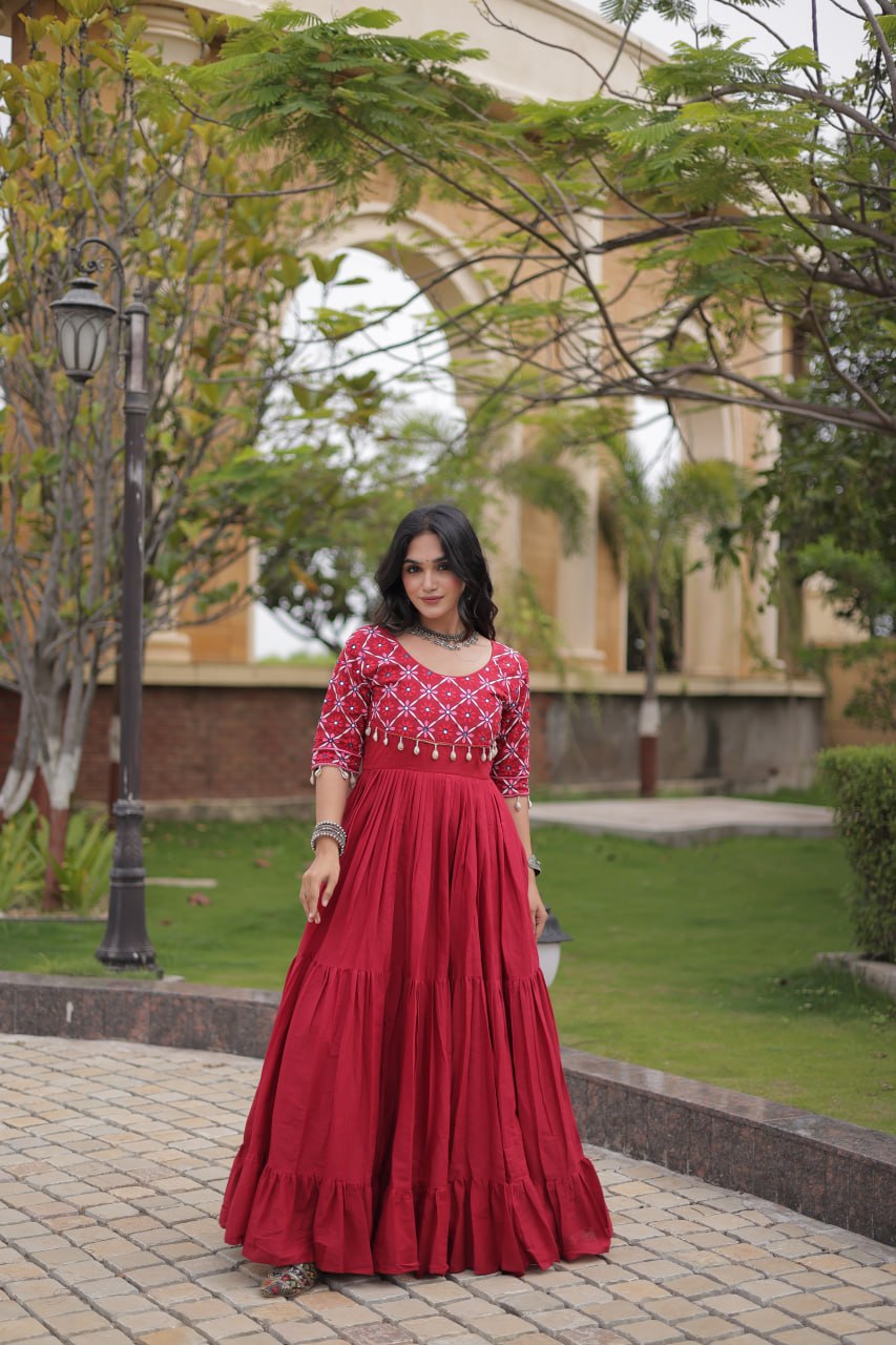 Kora Cotton Embroidered Gown with Mirror Work