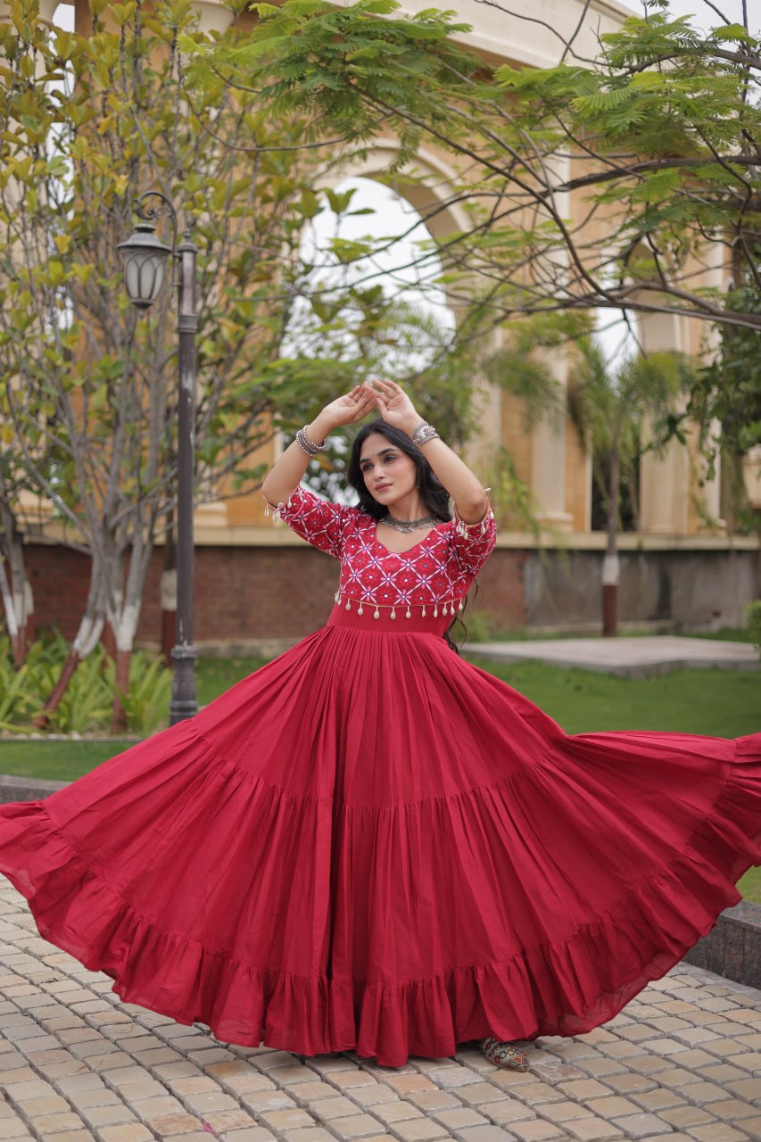 Kora Cotton Embroidered Gown with Mirror Work