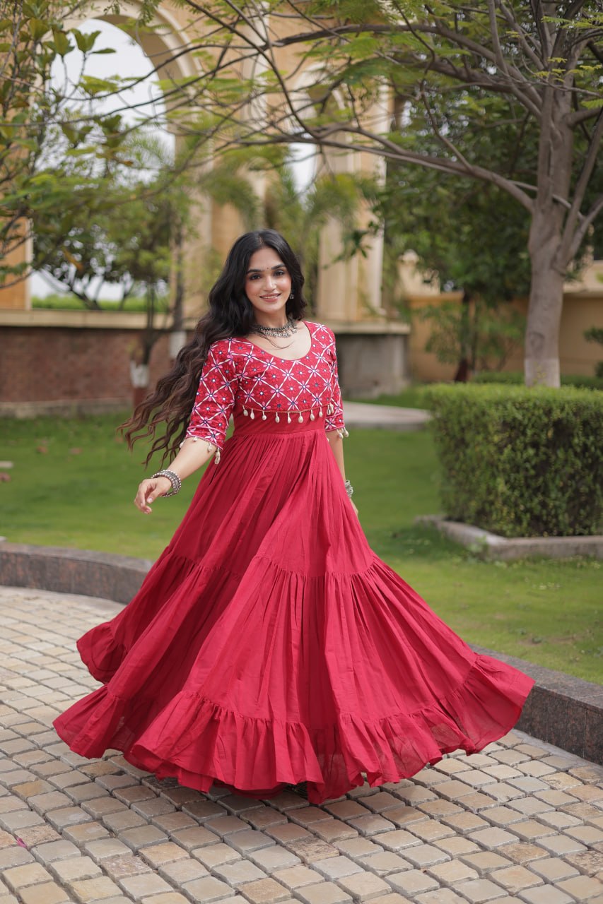 Kora Cotton Embroidered Gown with Mirror Work