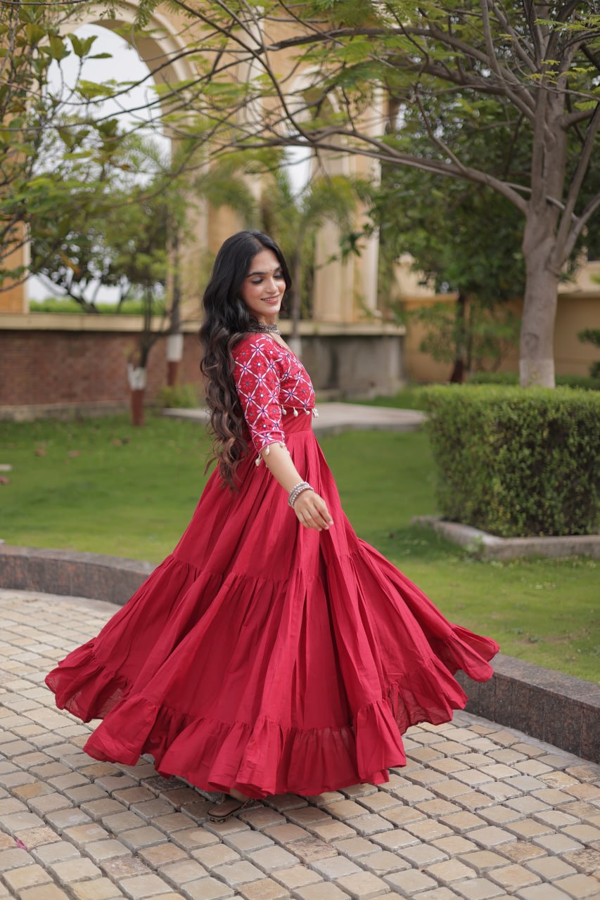 Kora Cotton Embroidered Gown with Mirror Work
