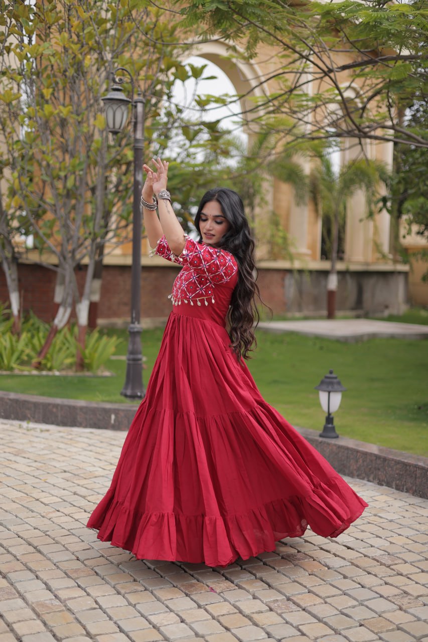 Kora Cotton Embroidered Gown with Mirror Work