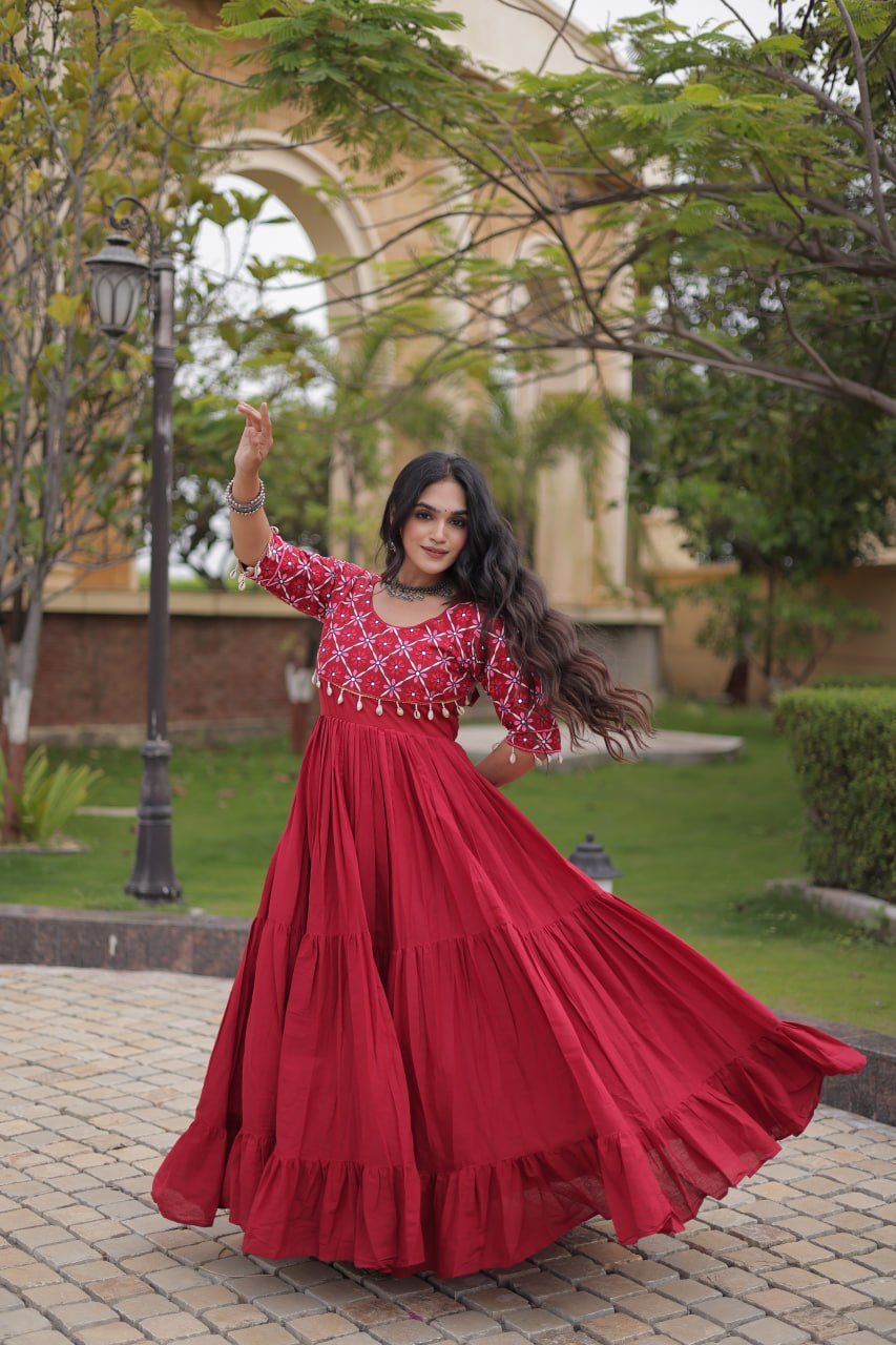 Kora Cotton Embroidered Gown with Mirror Work