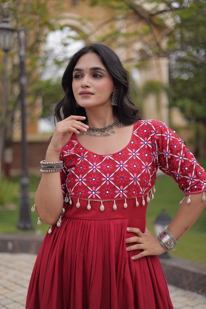 Kora Cotton Embroidered Gown with Mirror Work