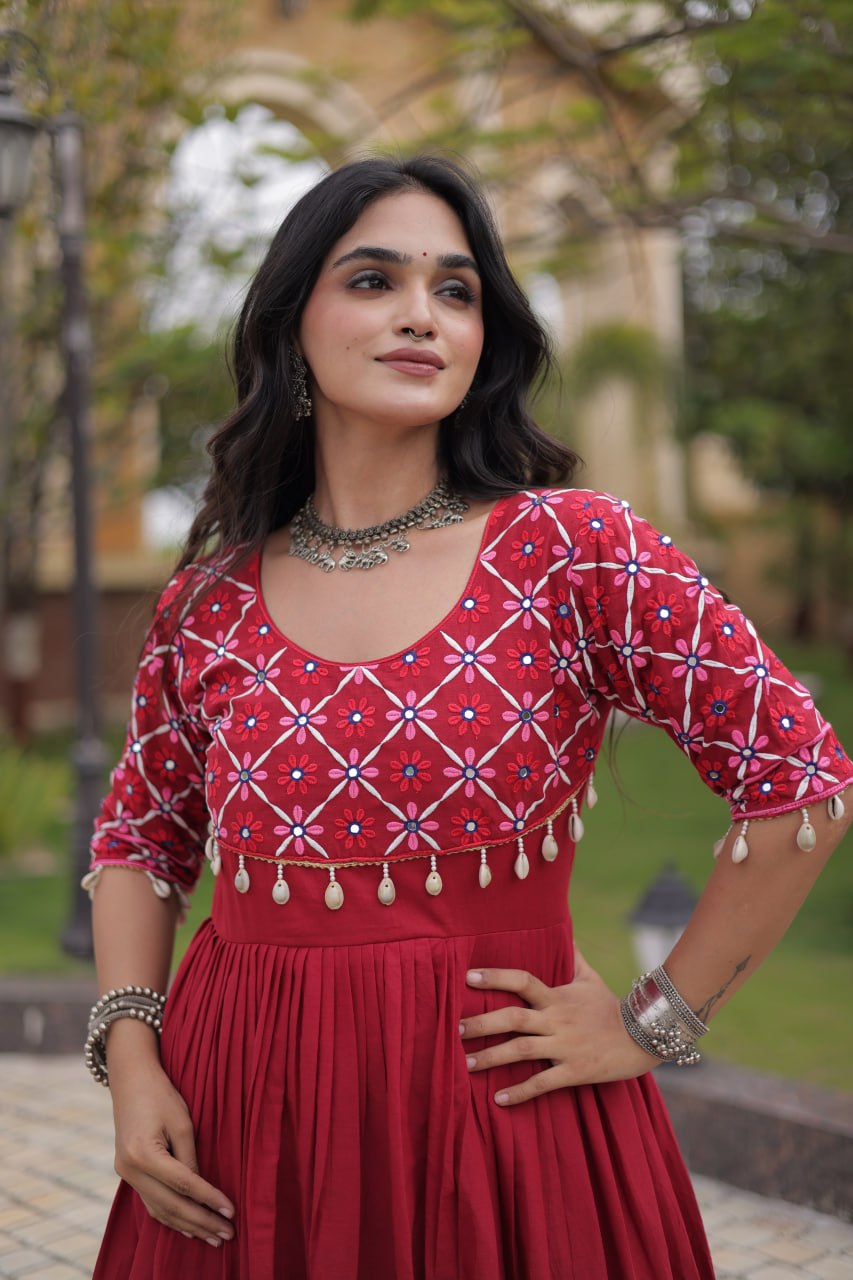 Kora Cotton Embroidered Gown with Mirror Work