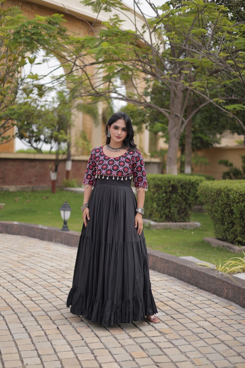 Kora Cotton Embroidered Gown with Mirror Work