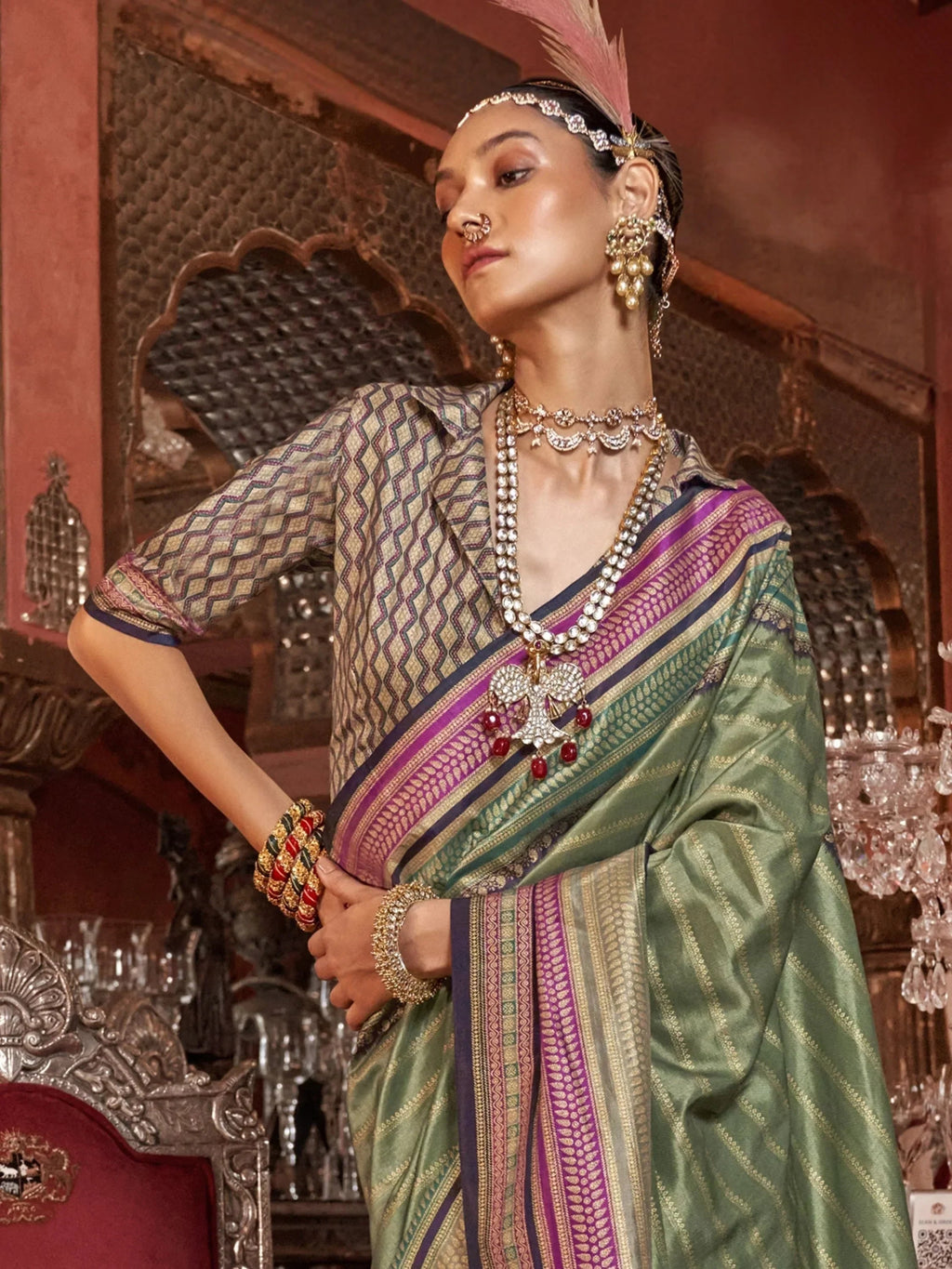 Lovely Olive Green Zari Weaving Silk Mehendi Wear Saree With Blouse