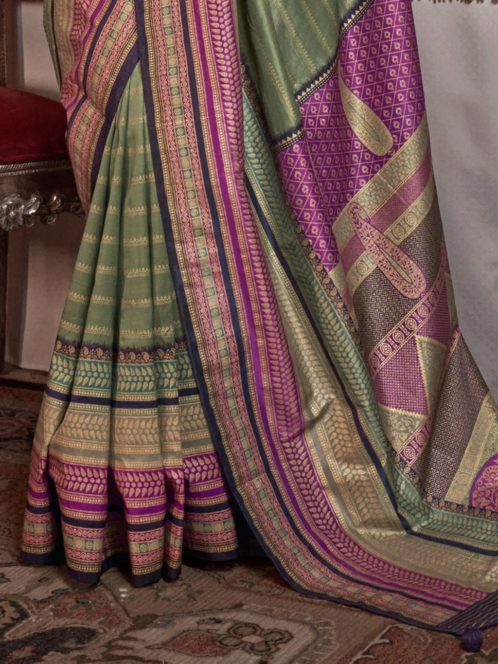 Lovely Olive Green Zari Weaving Silk Mehendi Wear Saree With Blouse