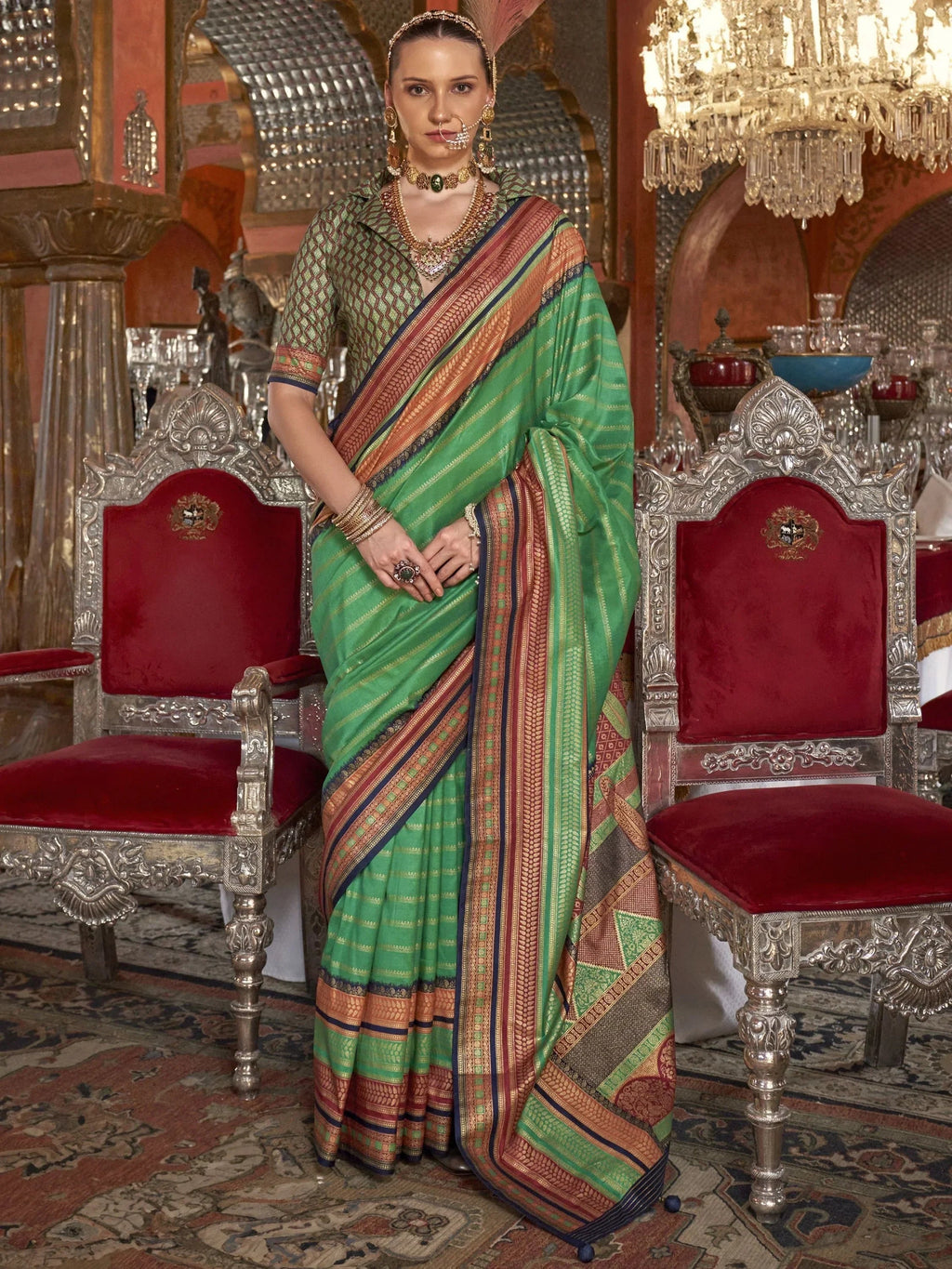Pretty Teal Green Zari Weaving Silk Event Wear Saree With Blouse