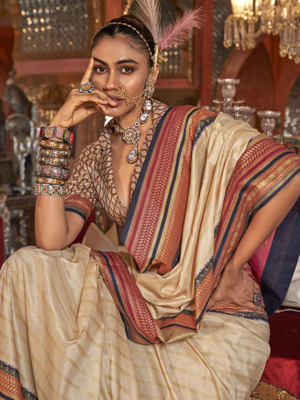 Captivating Cream Zari Weaving Silk Festival Wear Saree With Blouse