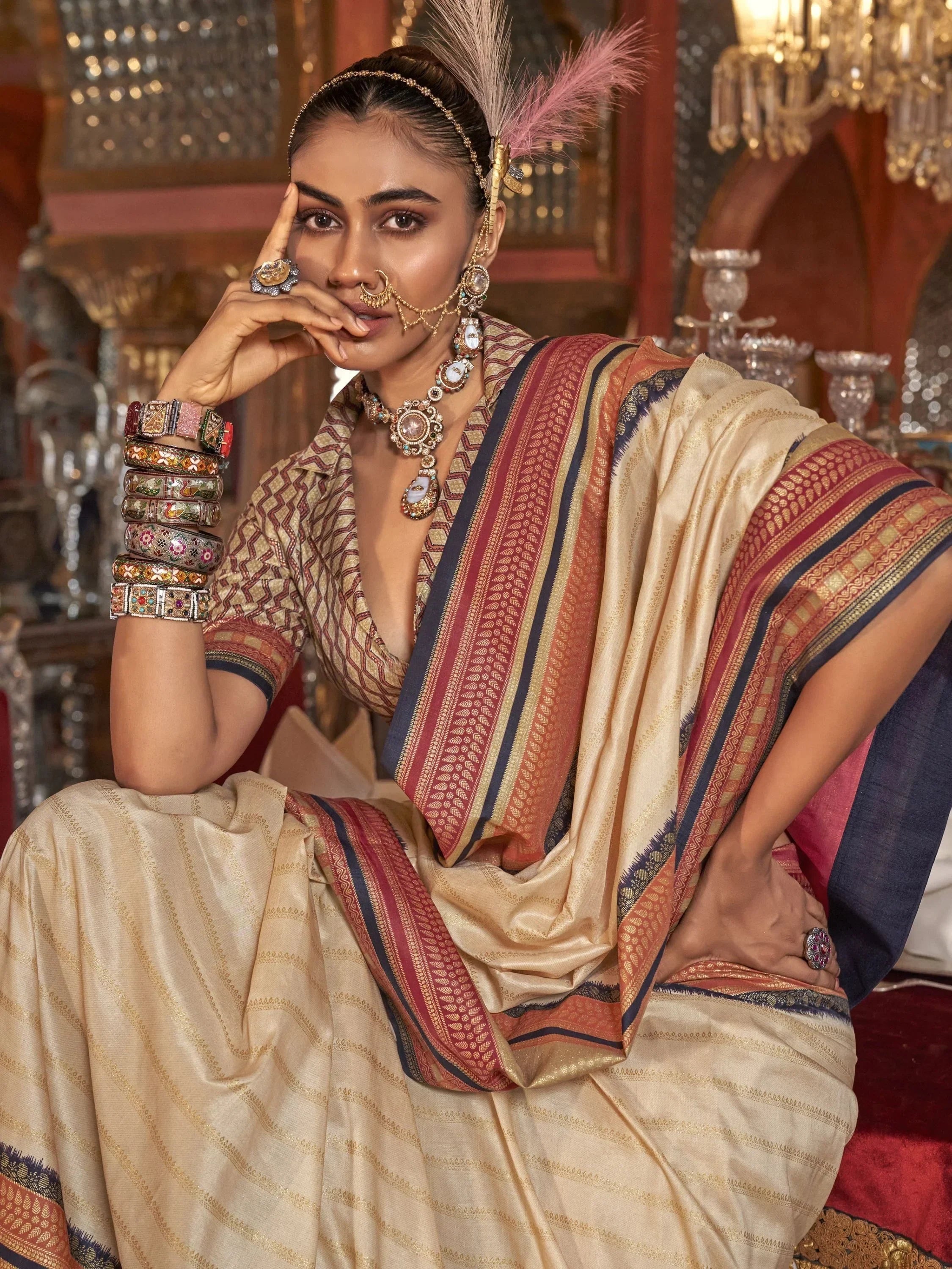 Captivating Cream Zari Weaving Silk Festival Wear Saree With Blouse