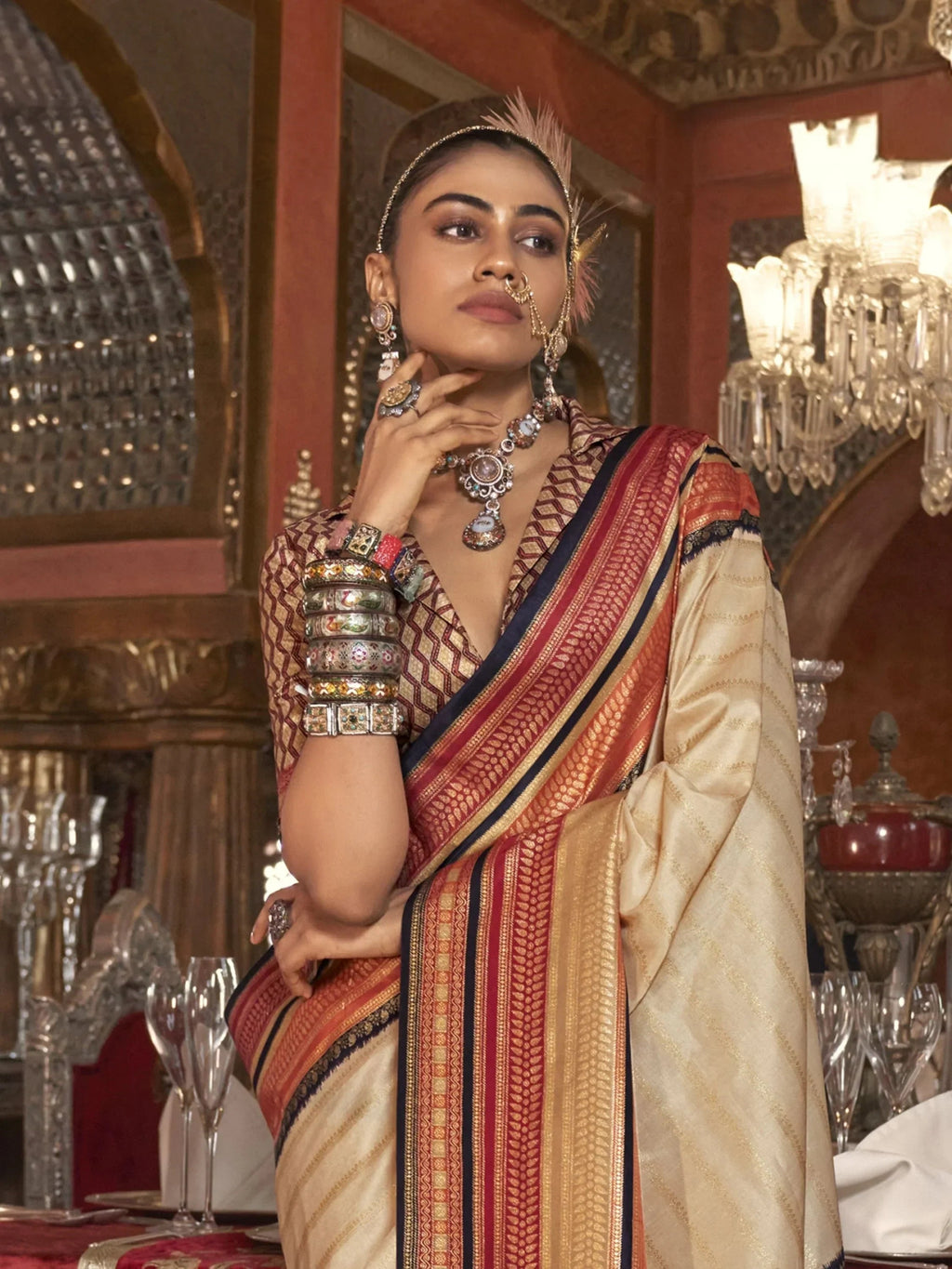 Captivating Cream Zari Weaving Silk Festival Wear Saree With Blouse