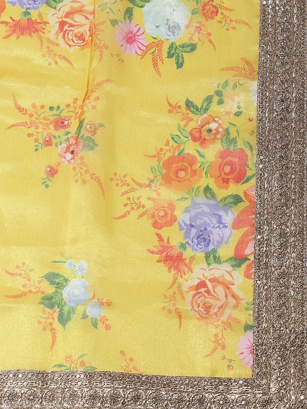 Yellow & Orange Printed Semi-Stitched Myntra Lehenga & Unstitched Blouse with Dupatta