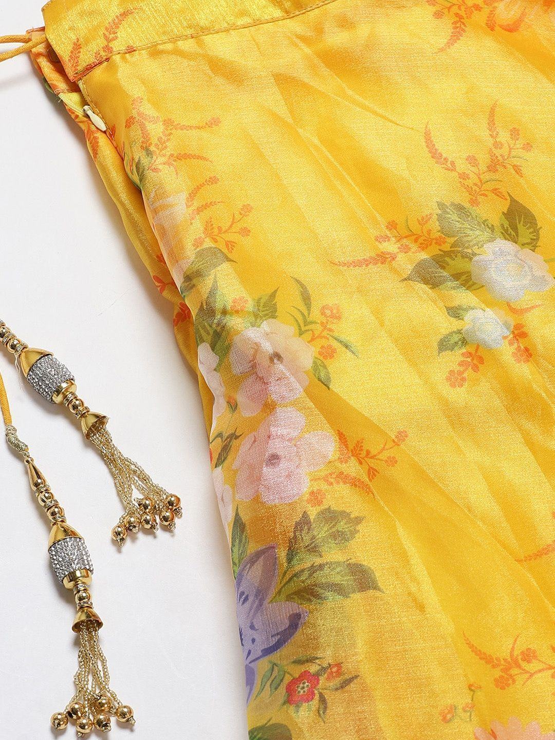 Yellow & Orange Printed Semi-Stitched Myntra Lehenga & Unstitched Blouse with Dupatta