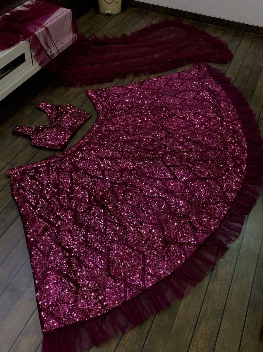 Remarkable Purple Sequins Velvet Party Wear Ruffle Lehenga Choli