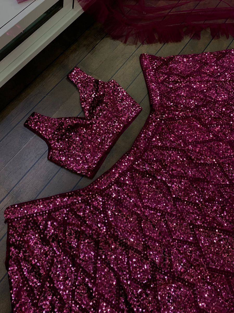 Remarkable Purple Sequins Velvet Party Wear Ruffle Lehenga Choli