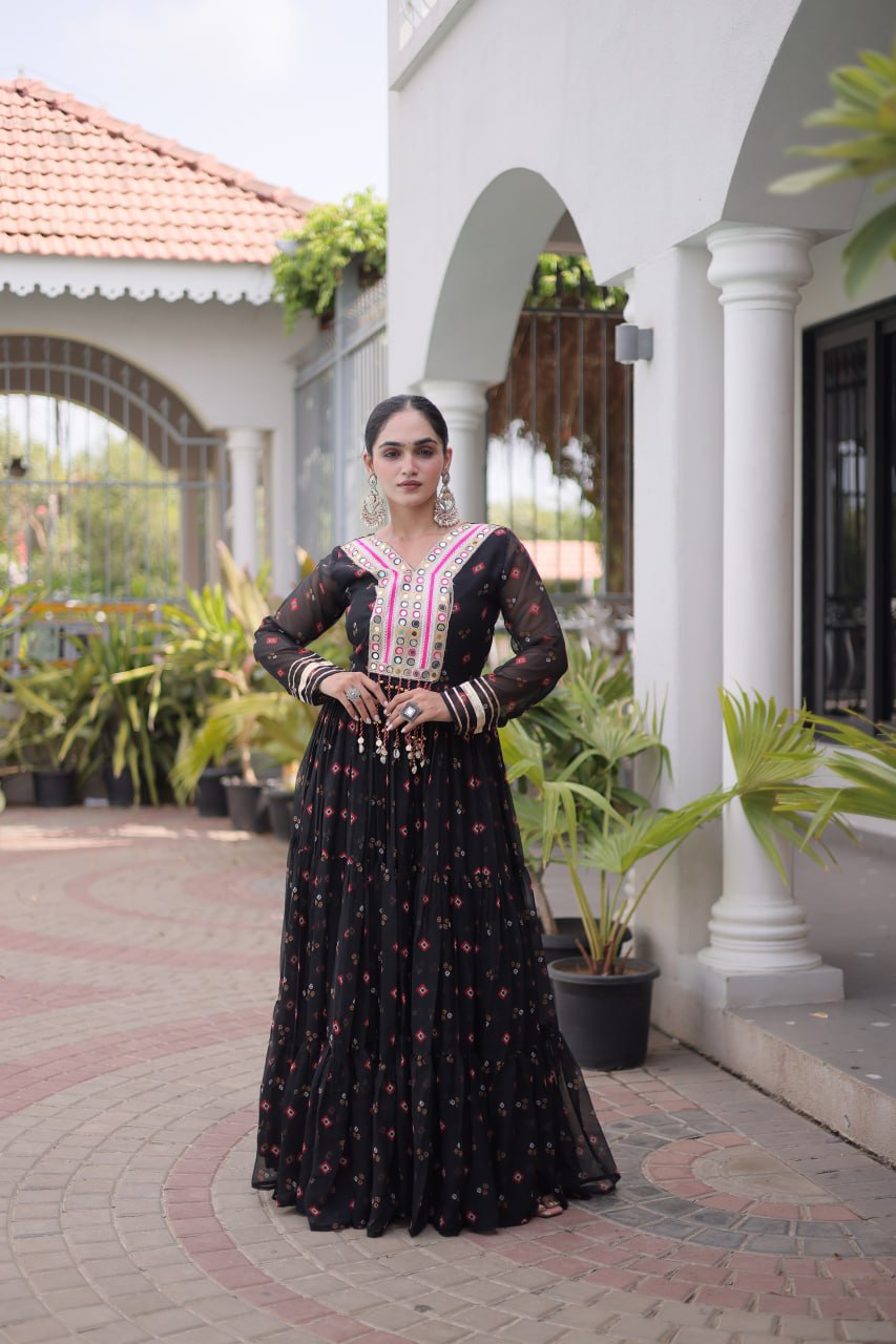 Laheriya Print Faux Georgette Gown with Kutchi Patchwork