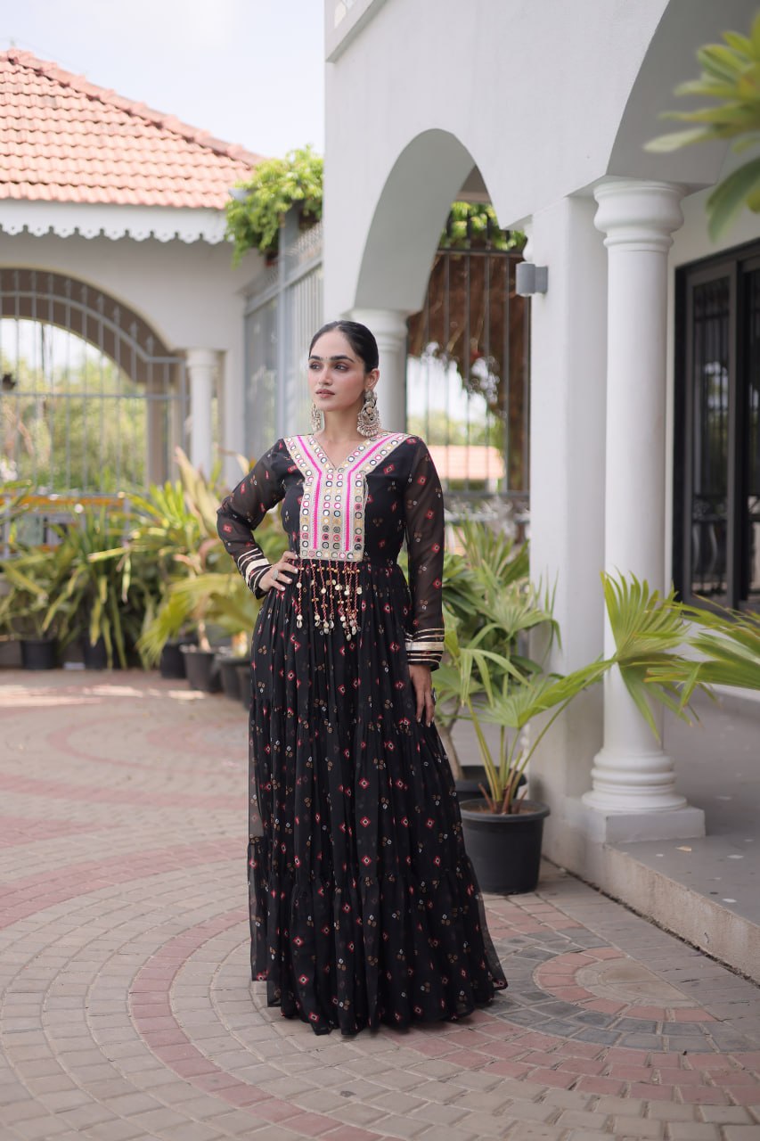 Laheriya Print Faux Georgette Gown with Kutchi Patchwork