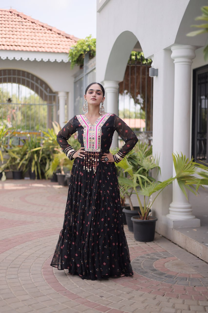 Laheriya Print Faux Georgette Gown with Kutchi Patchwork