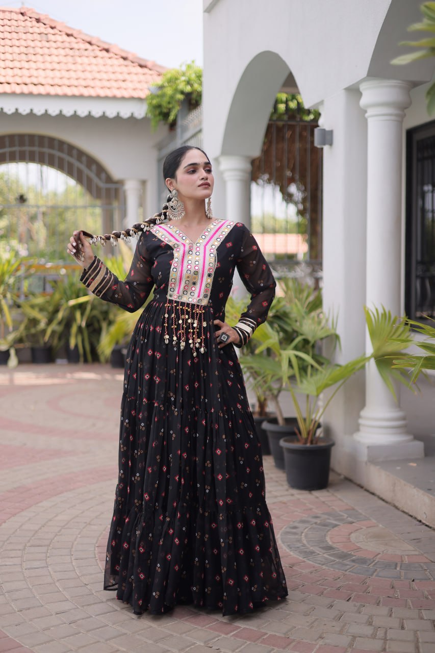 Laheriya Print Faux Georgette Gown with Kutchi Patchwork
