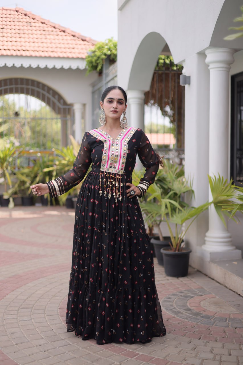 Laheriya Print Faux Georgette Gown with Kutchi Patchwork