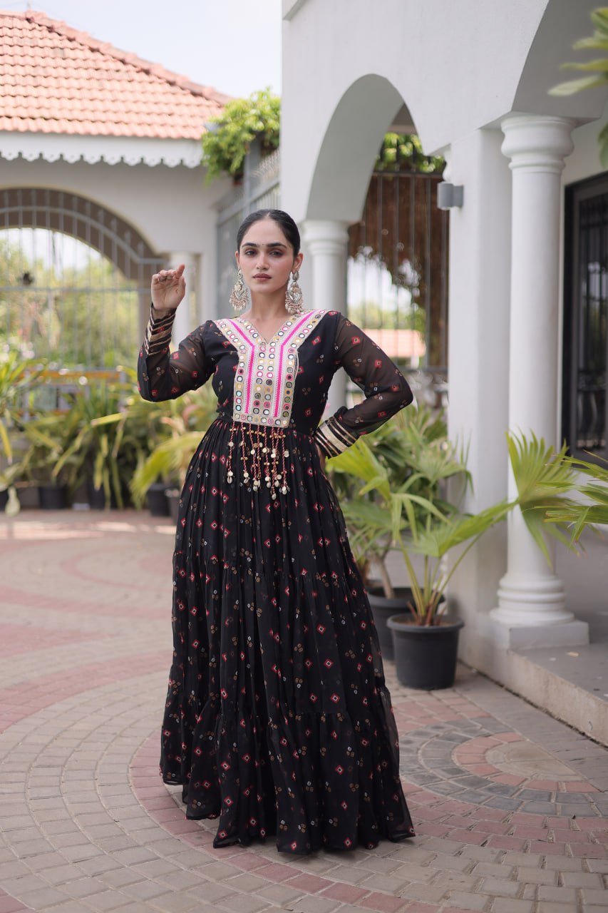Laheriya Print Faux Georgette Gown with Kutchi Patchwork