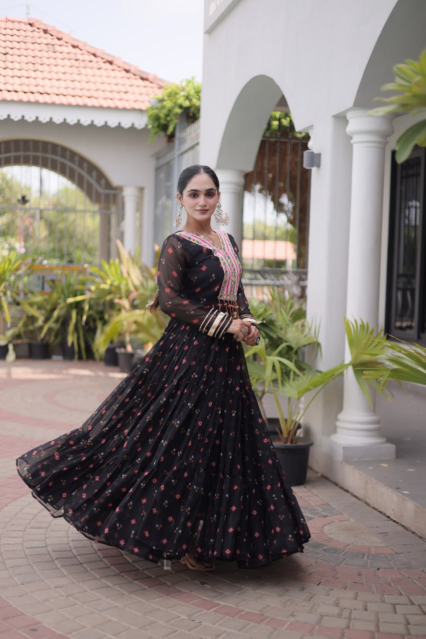 Laheriya Print Faux Georgette Gown with Kutchi Patchwork