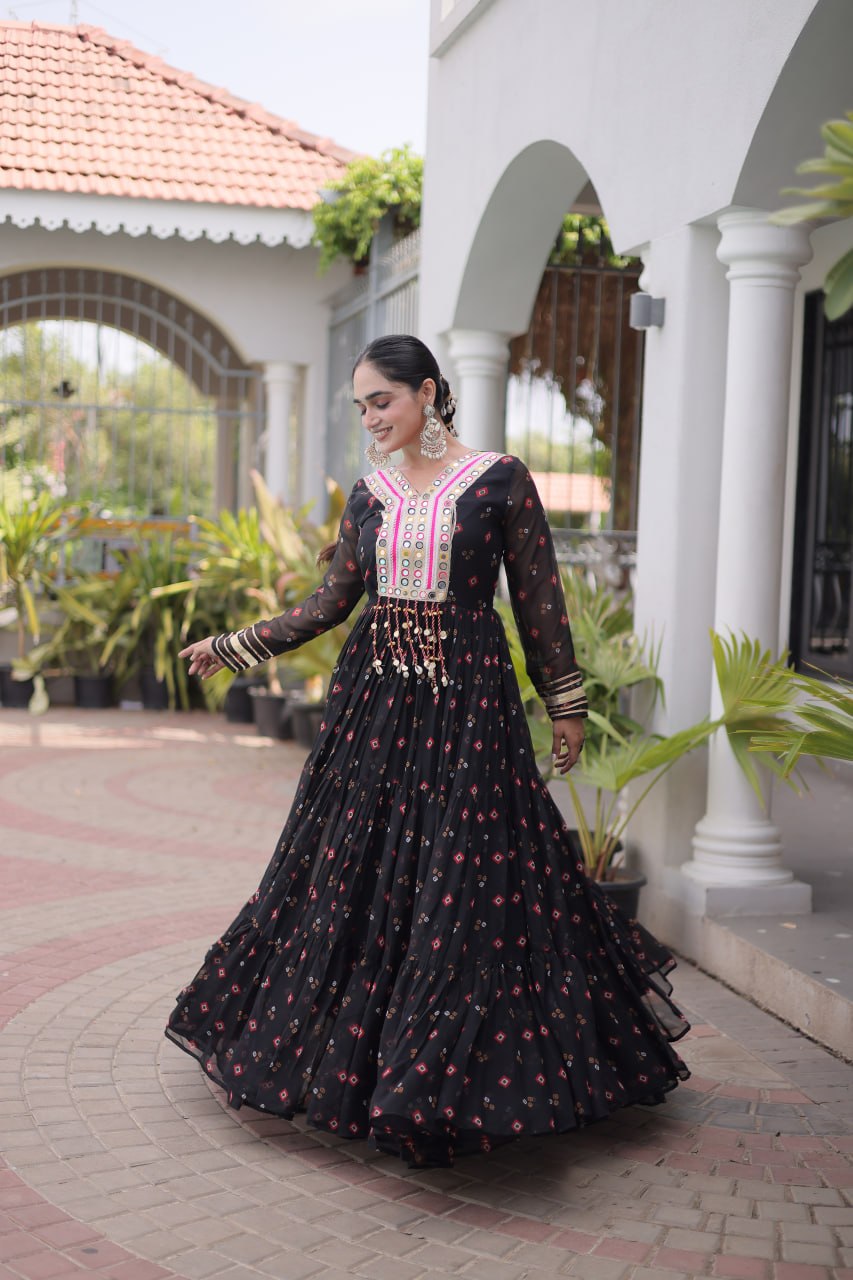 Laheriya Print Faux Georgette Gown with Kutchi Patchwork