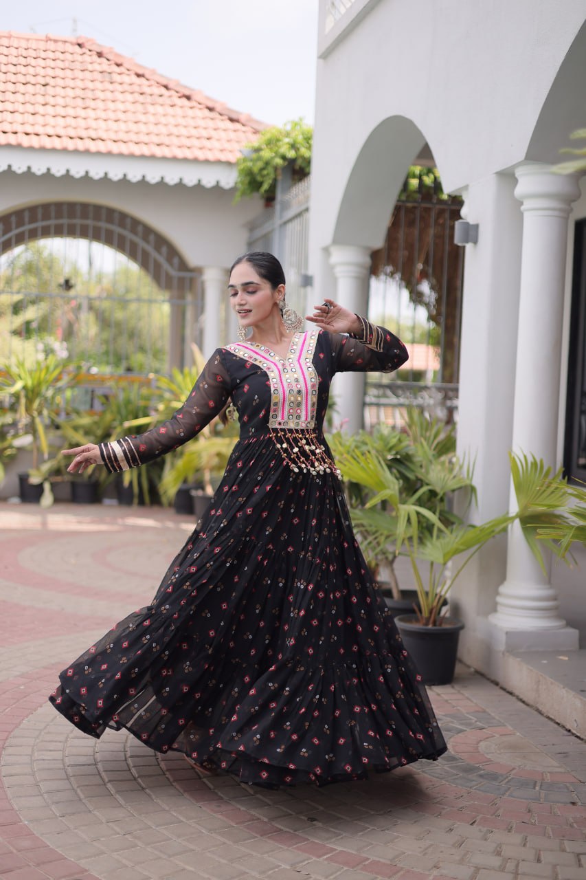 Laheriya Print Faux Georgette Gown with Kutchi Patchwork