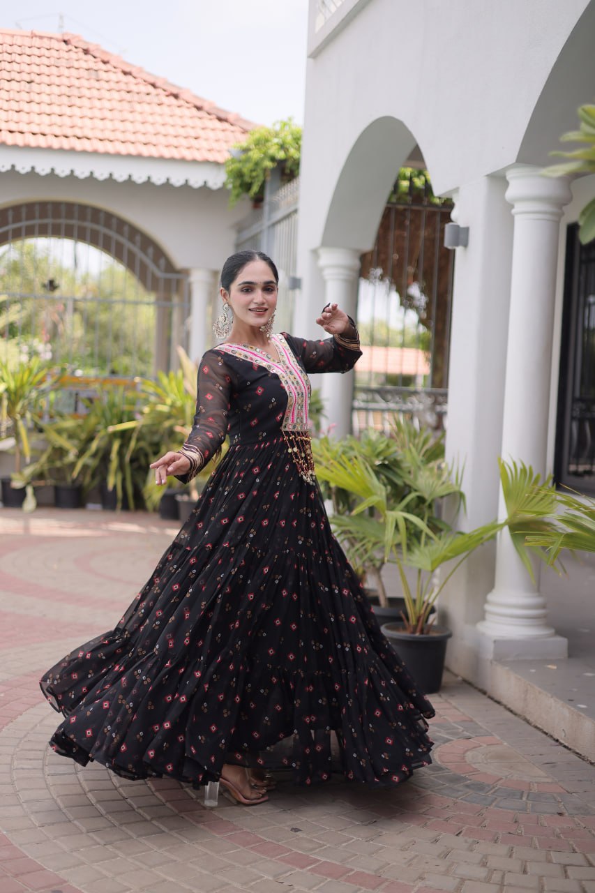 Laheriya Print Faux Georgette Gown with Kutchi Patchwork