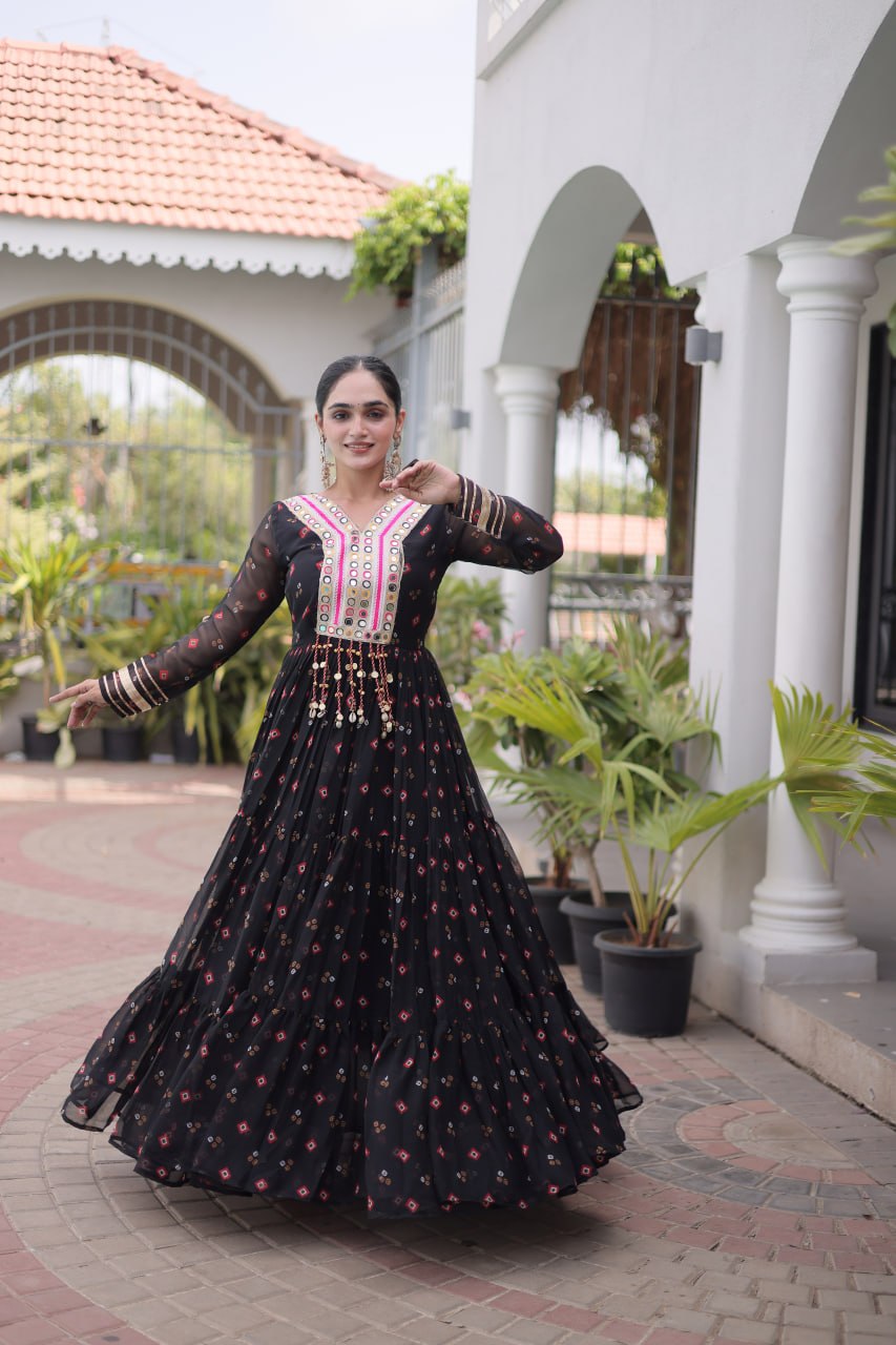 Laheriya Print Faux Georgette Gown with Kutchi Patchwork