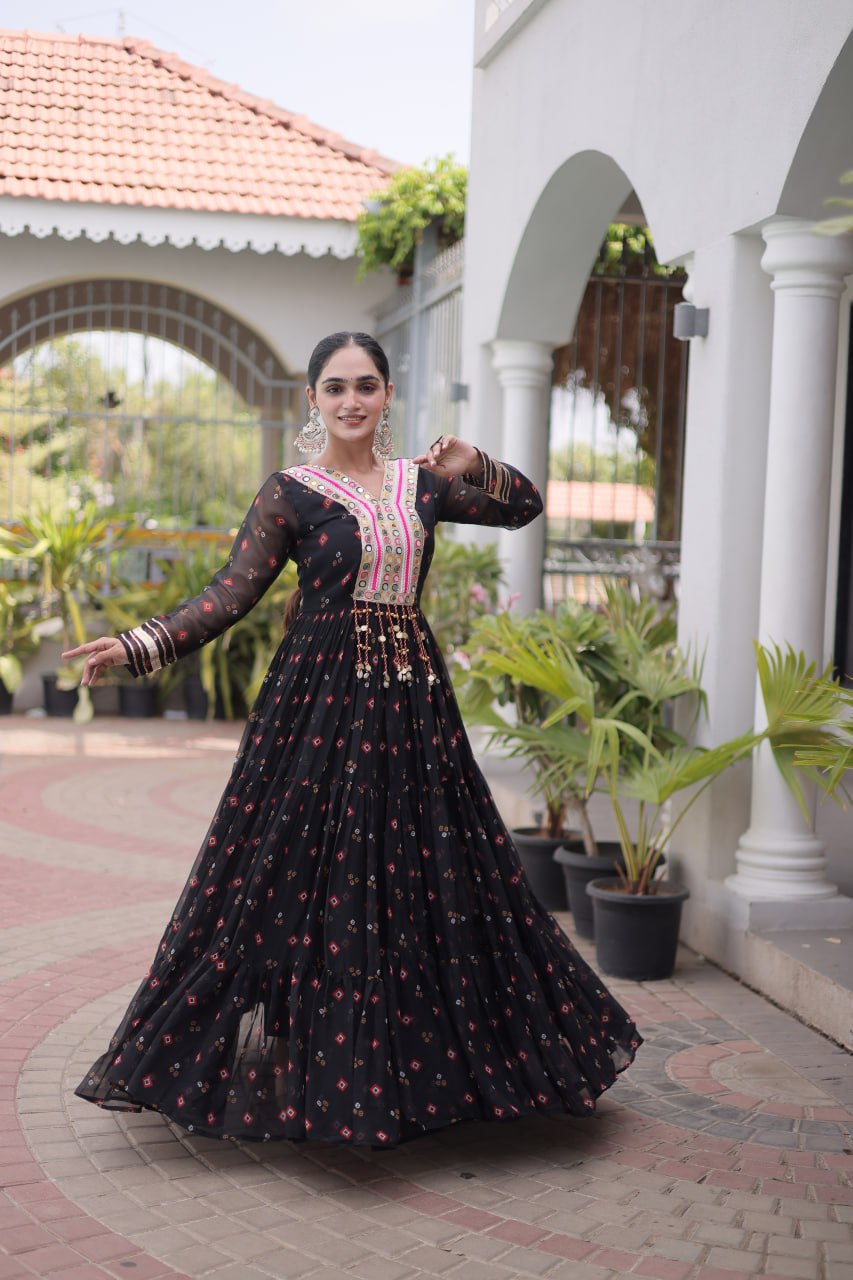 Laheriya Print Faux Georgette Gown with Kutchi Patchwork