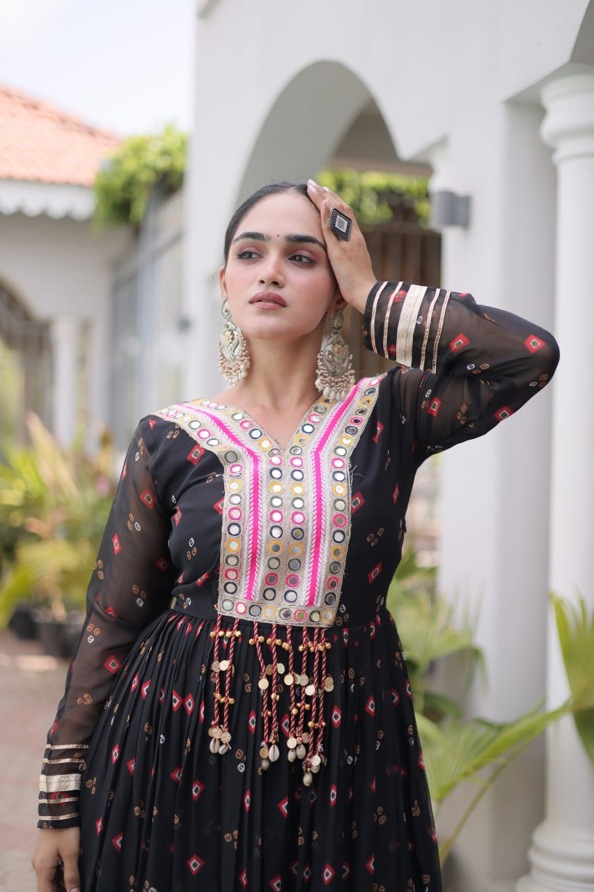 Laheriya Print Faux Georgette Gown with Kutchi Patchwork