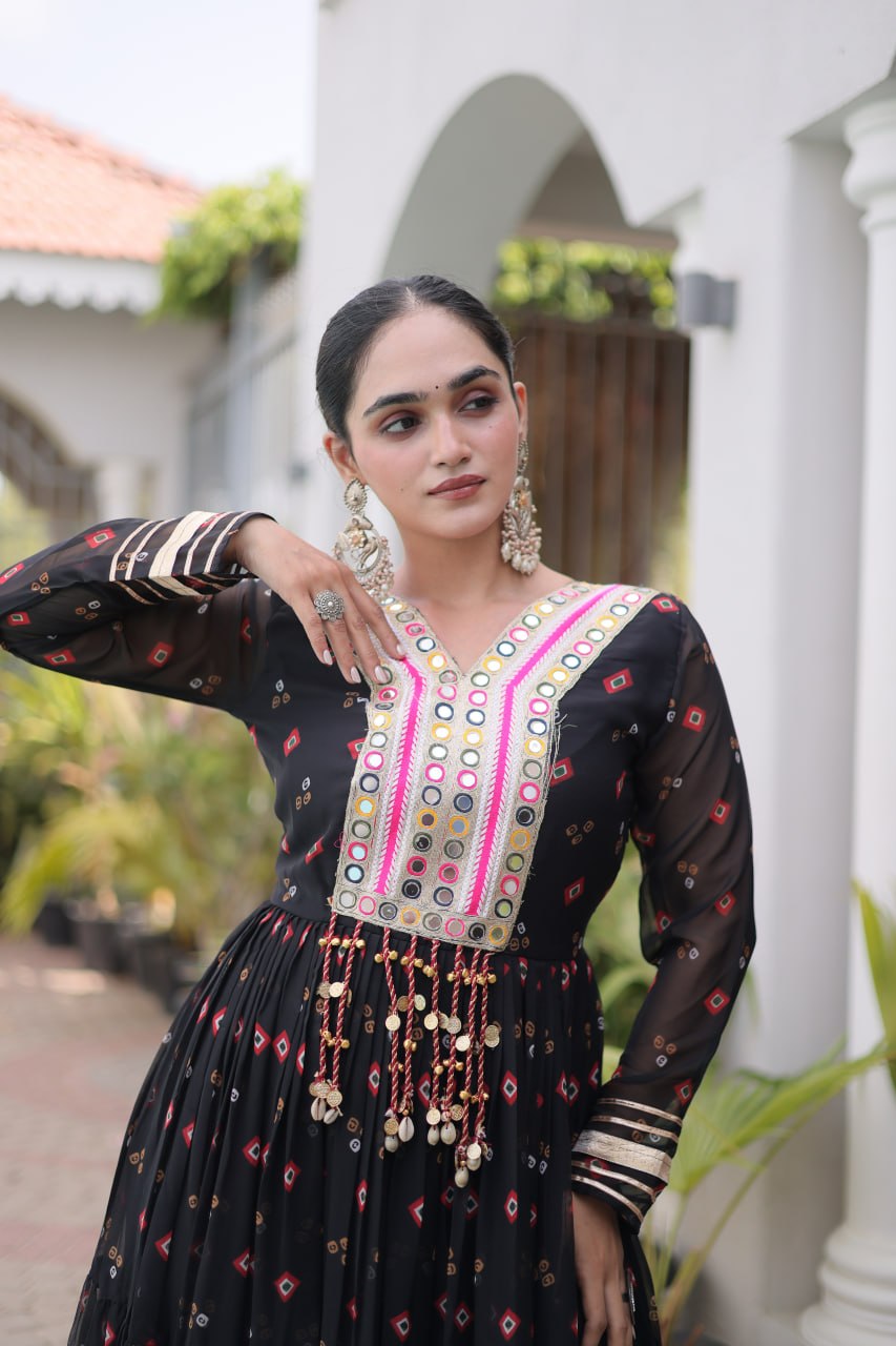 Laheriya Print Faux Georgette Gown with Kutchi Patchwork