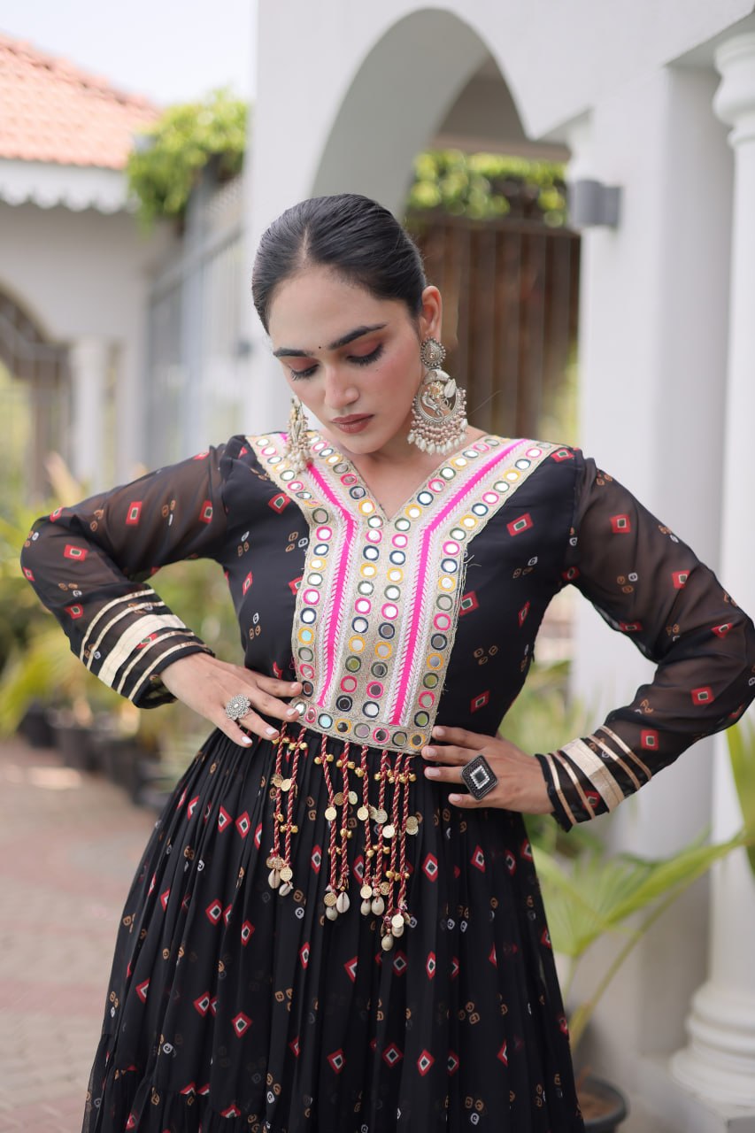 Laheriya Print Faux Georgette Gown with Kutchi Patchwork