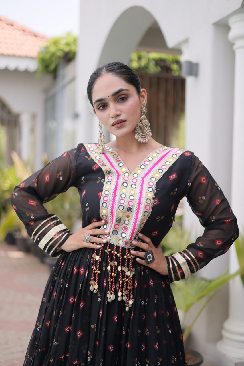 Laheriya Print Faux Georgette Gown with Kutchi Patchwork