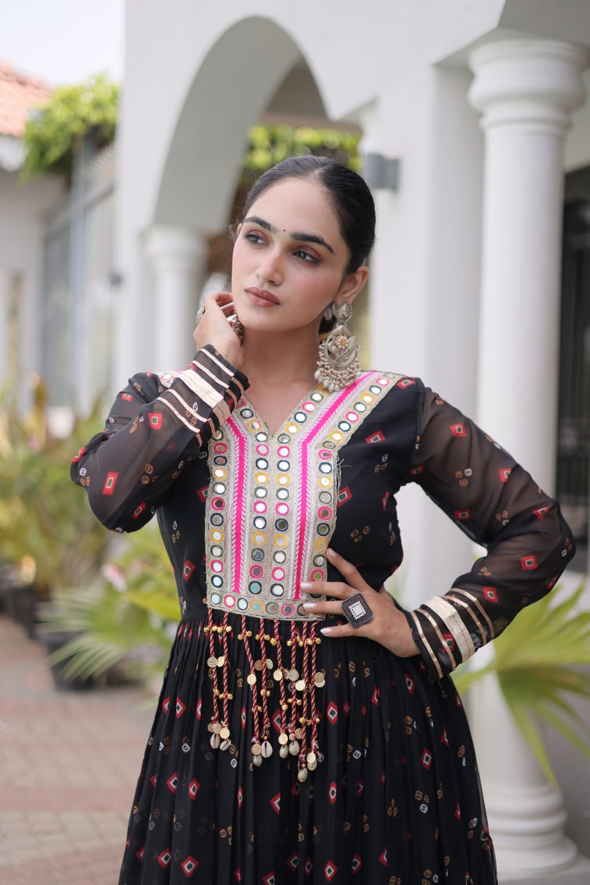 Laheriya Print Faux Georgette Gown with Kutchi Patchwork