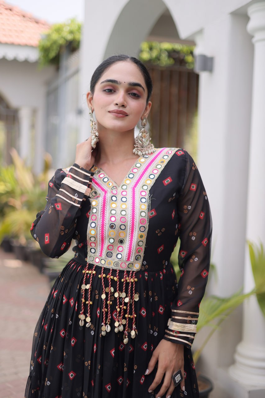 Laheriya Print Faux Georgette Gown with Kutchi Patchwork