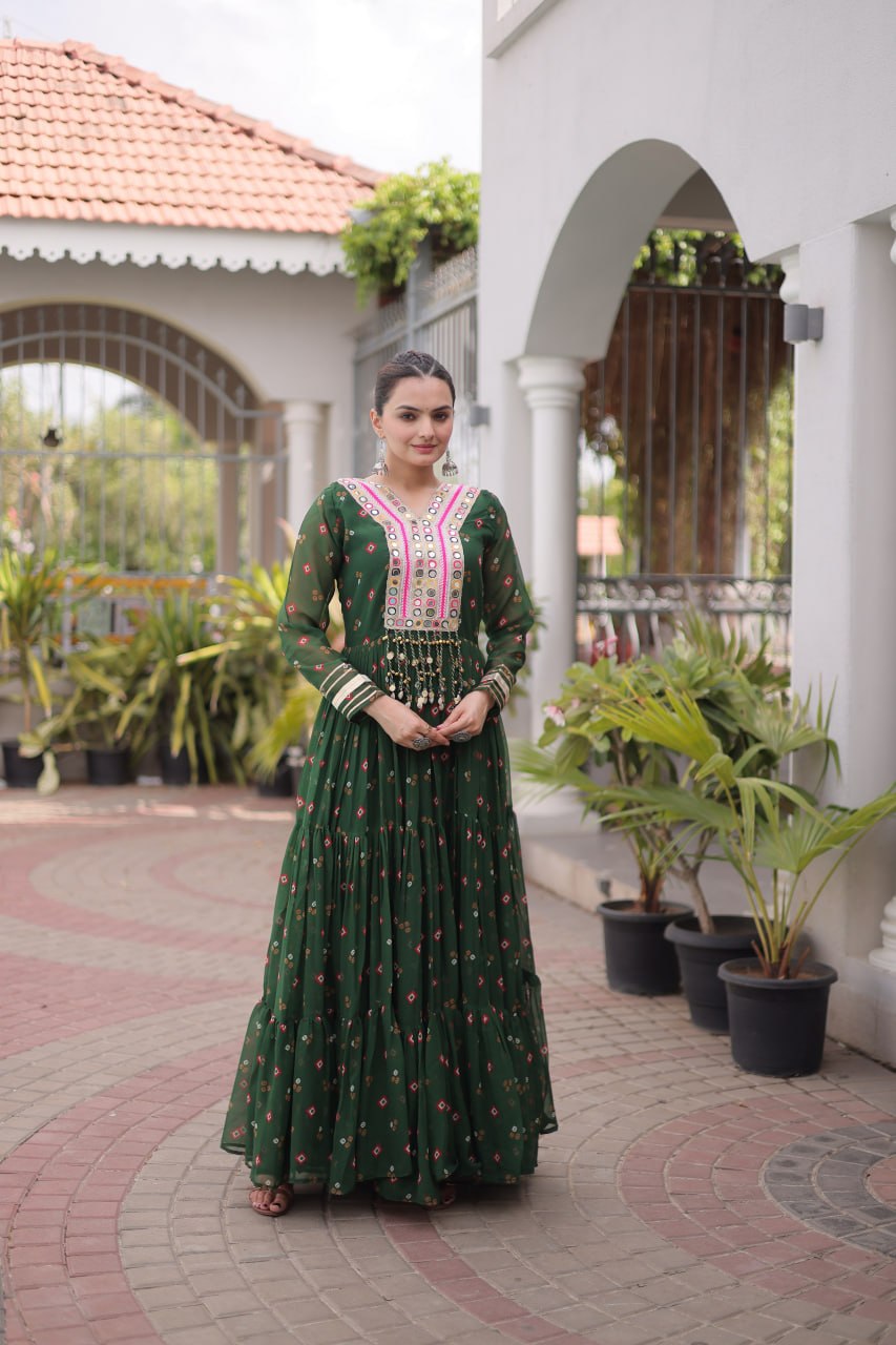 Laheriya Print Faux Georgette Gown with Kutchi Patchwork