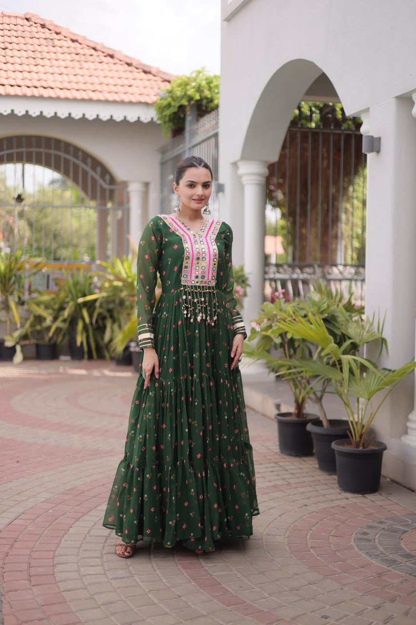 Laheriya Print Faux Georgette Gown with Kutchi Patchwork