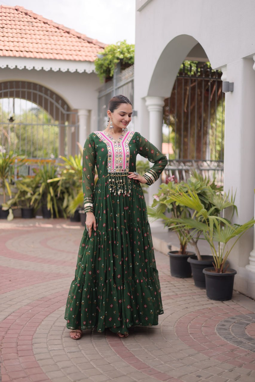 Laheriya Print Faux Georgette Gown with Kutchi Patchwork