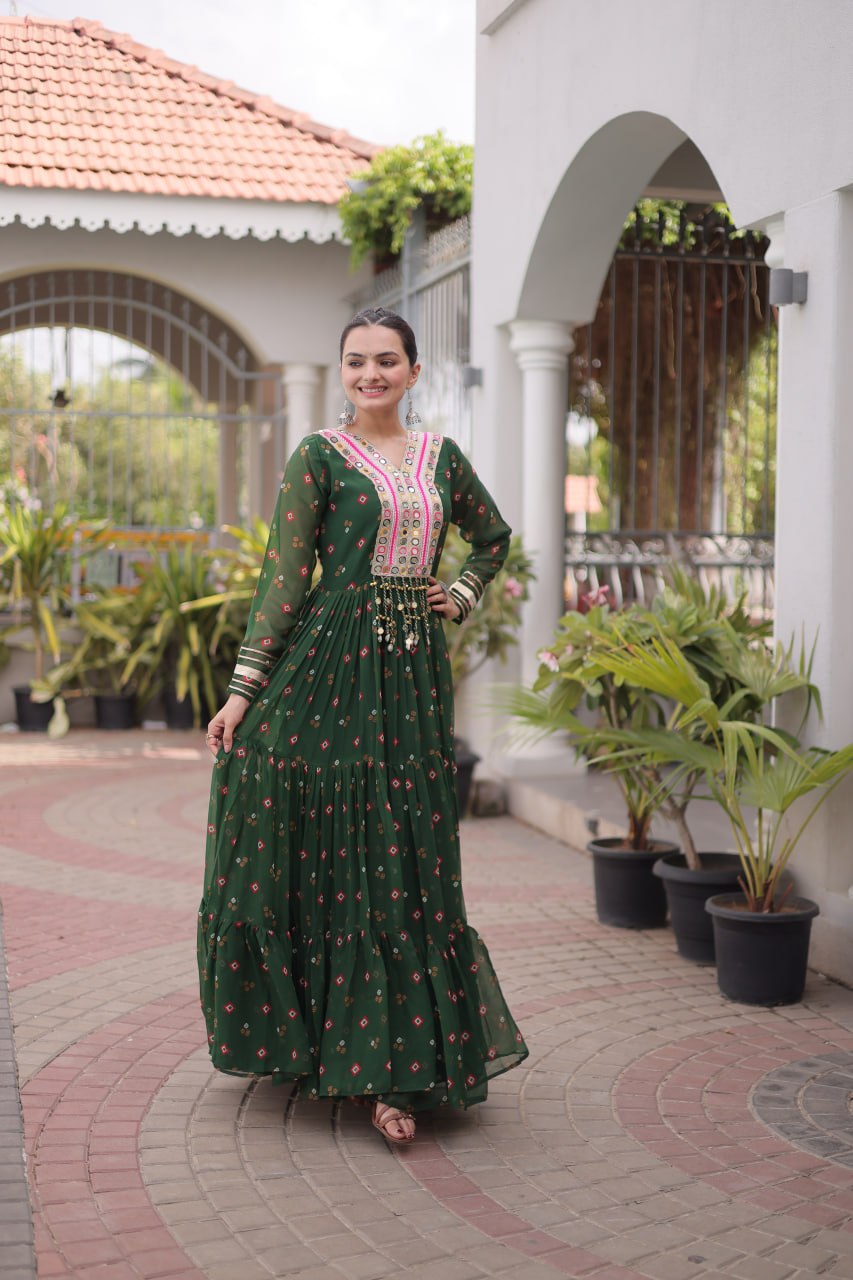Laheriya Print Faux Georgette Gown with Kutchi Patchwork