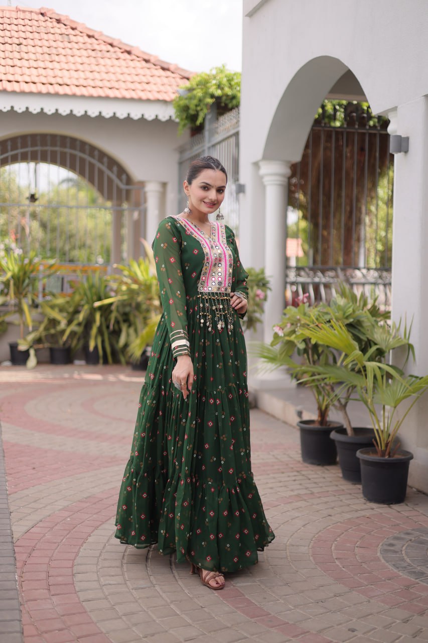 Laheriya Print Faux Georgette Gown with Kutchi Patchwork