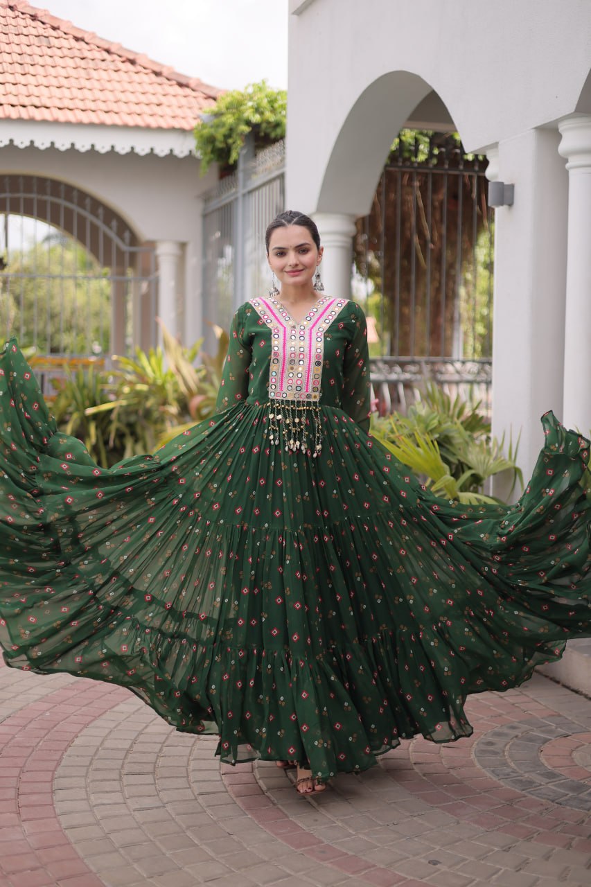 Laheriya Print Faux Georgette Gown with Kutchi Patchwork