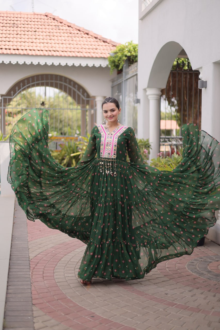 Laheriya Print Faux Georgette Gown with Kutchi Patchwork