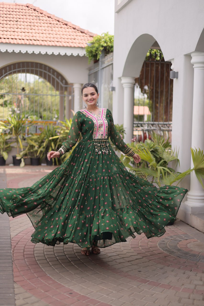 Laheriya Print Faux Georgette Gown with Kutchi Patchwork