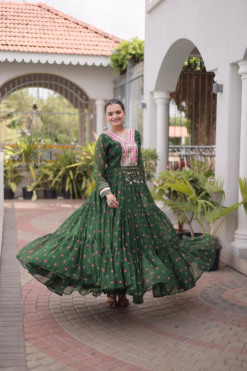 Laheriya Print Faux Georgette Gown with Kutchi Patchwork