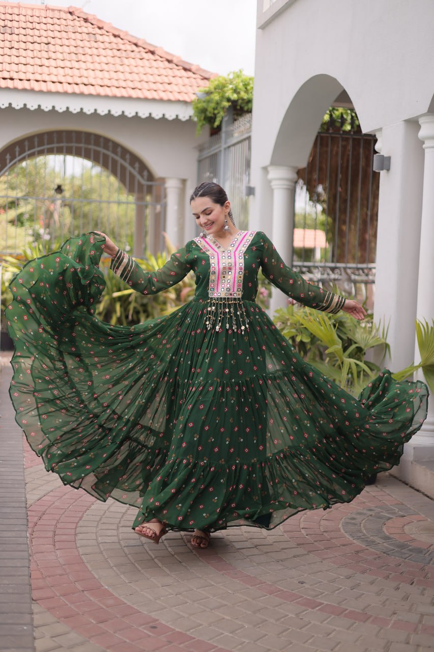 Laheriya Print Faux Georgette Gown with Kutchi Patchwork
