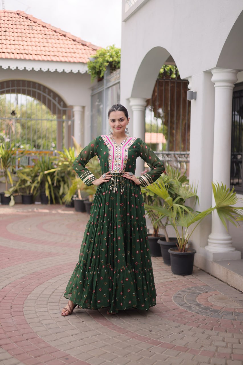 Laheriya Print Faux Georgette Gown with Kutchi Patchwork