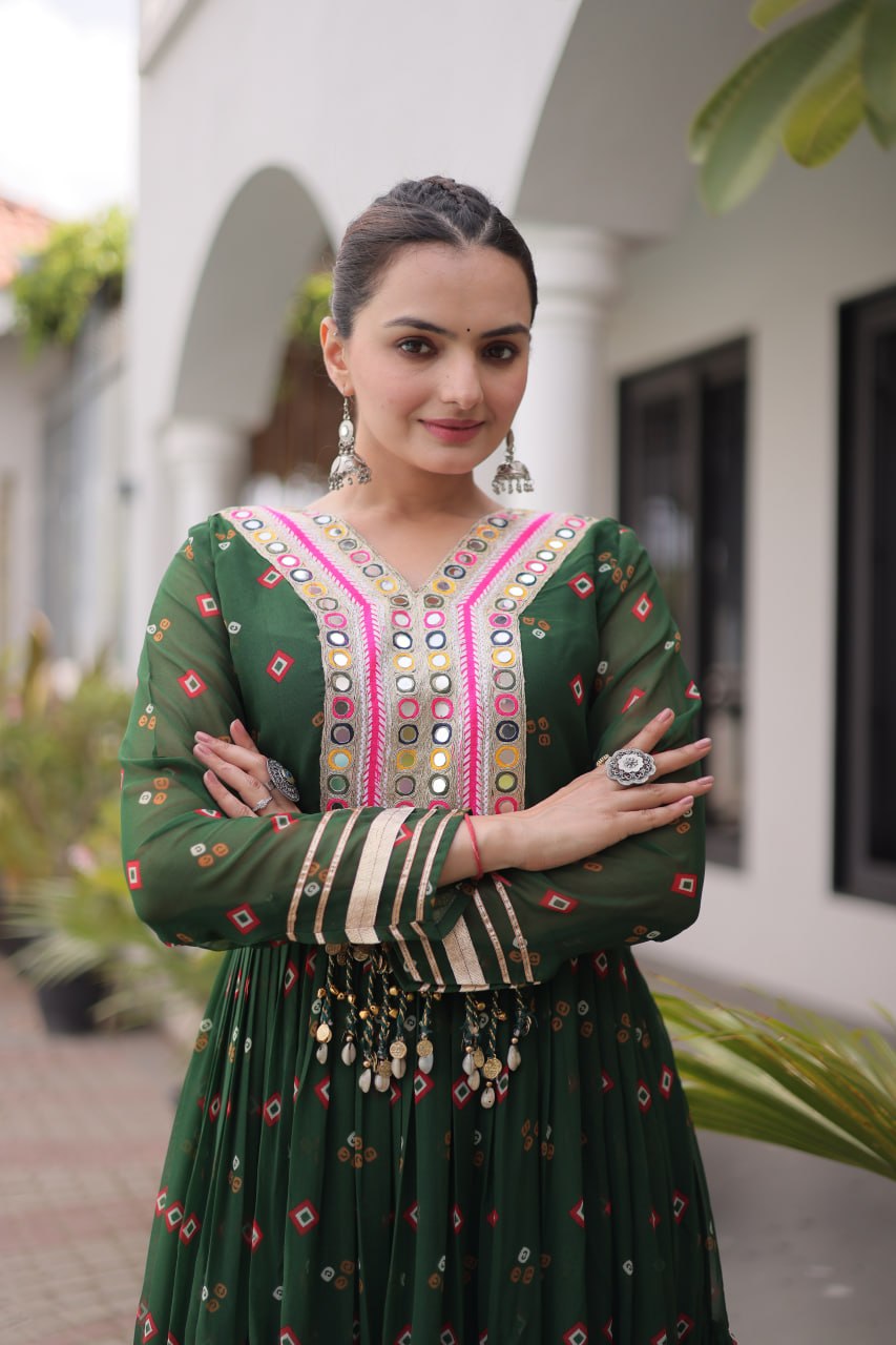 Laheriya Print Faux Georgette Gown with Kutchi Patchwork