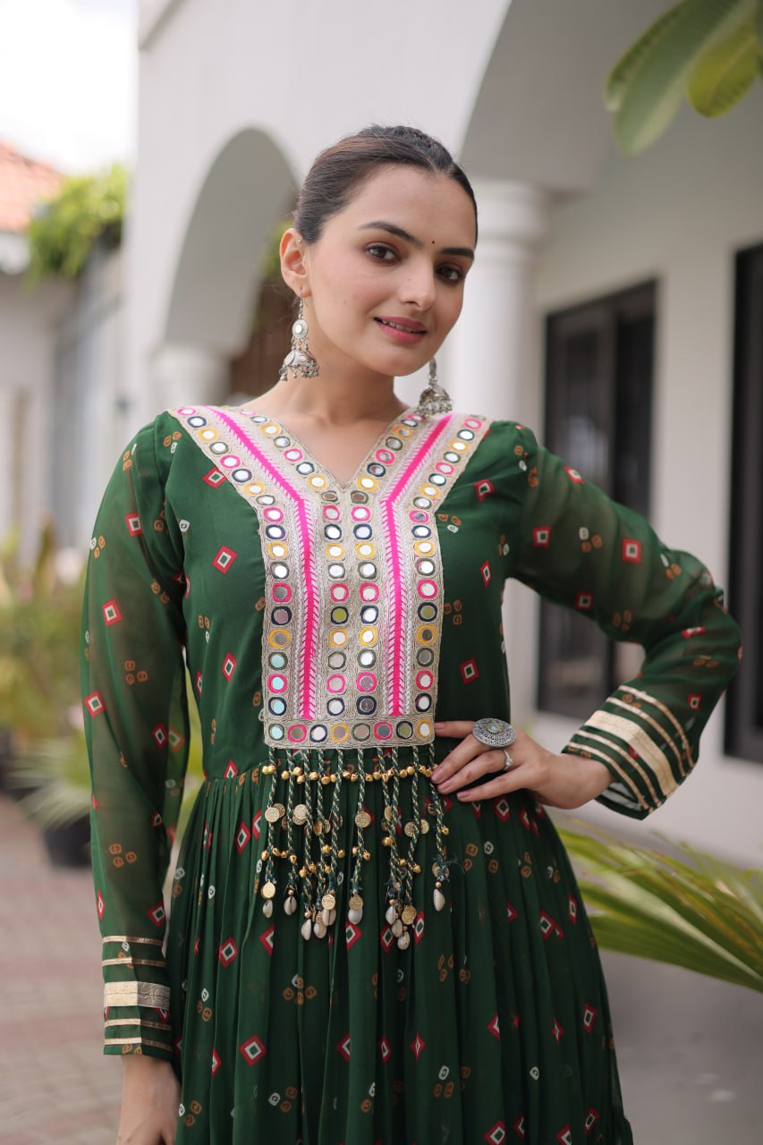 Laheriya Print Faux Georgette Gown with Kutchi Patchwork